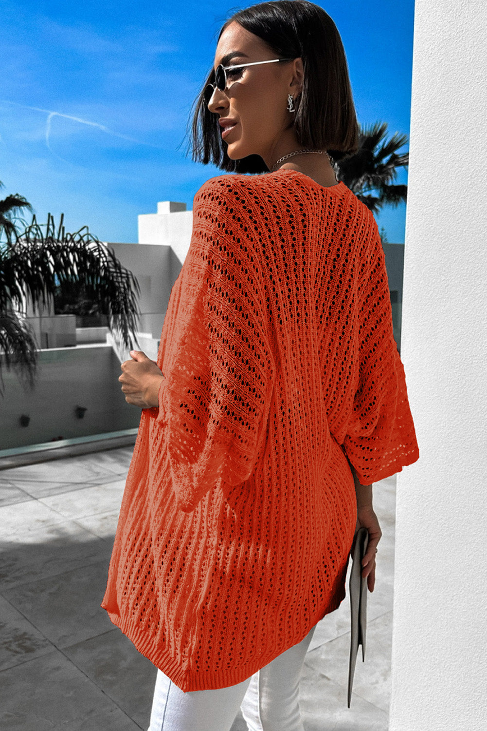 Rose Hollow-out Bracelet Sleeve Knit Cardigan