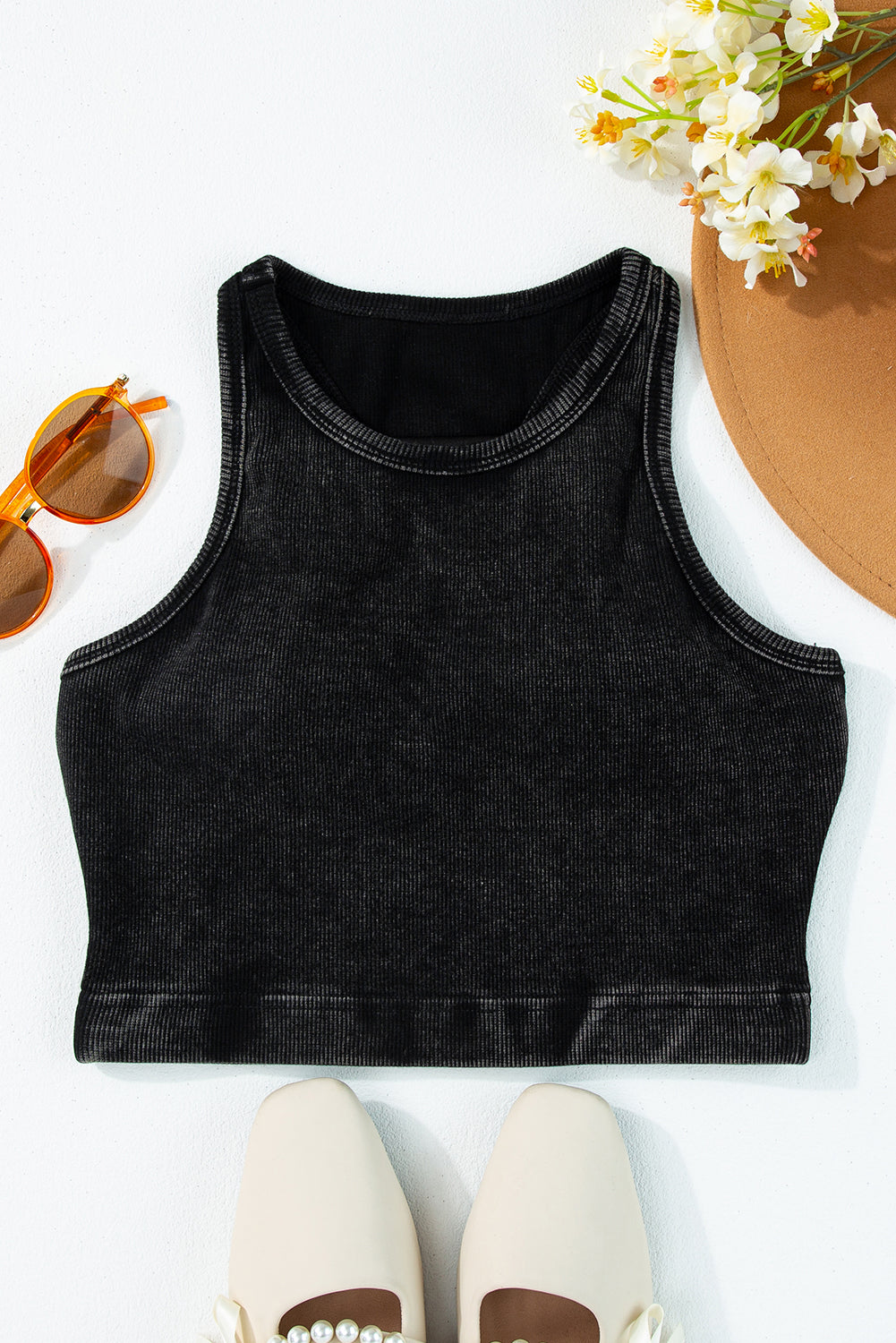 Smoke Gray Ribbed Mineral Wash Racerback Cropped Tank Top