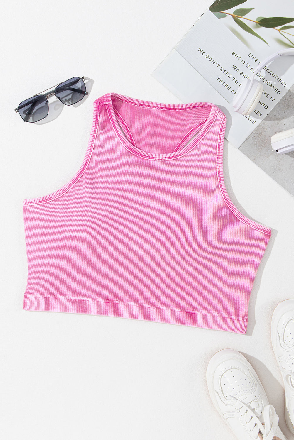 Smoke Gray Ribbed Mineral Wash Racerback Cropped Tank Top