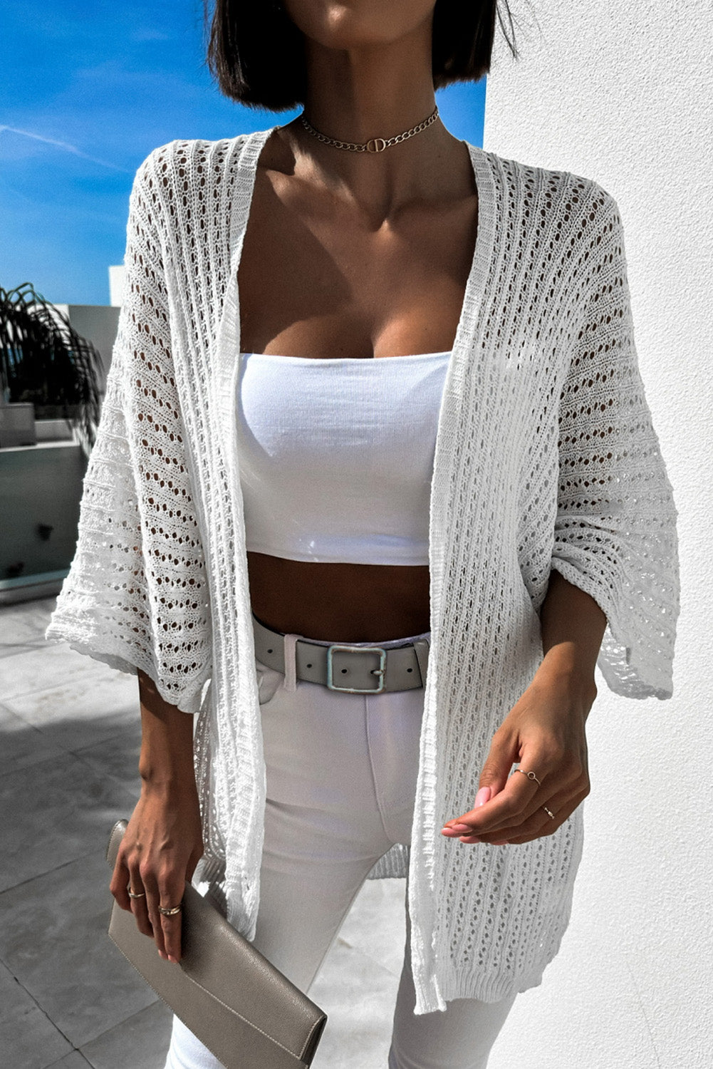 Rose Hollow-out Bracelet Sleeve Knit Cardigan