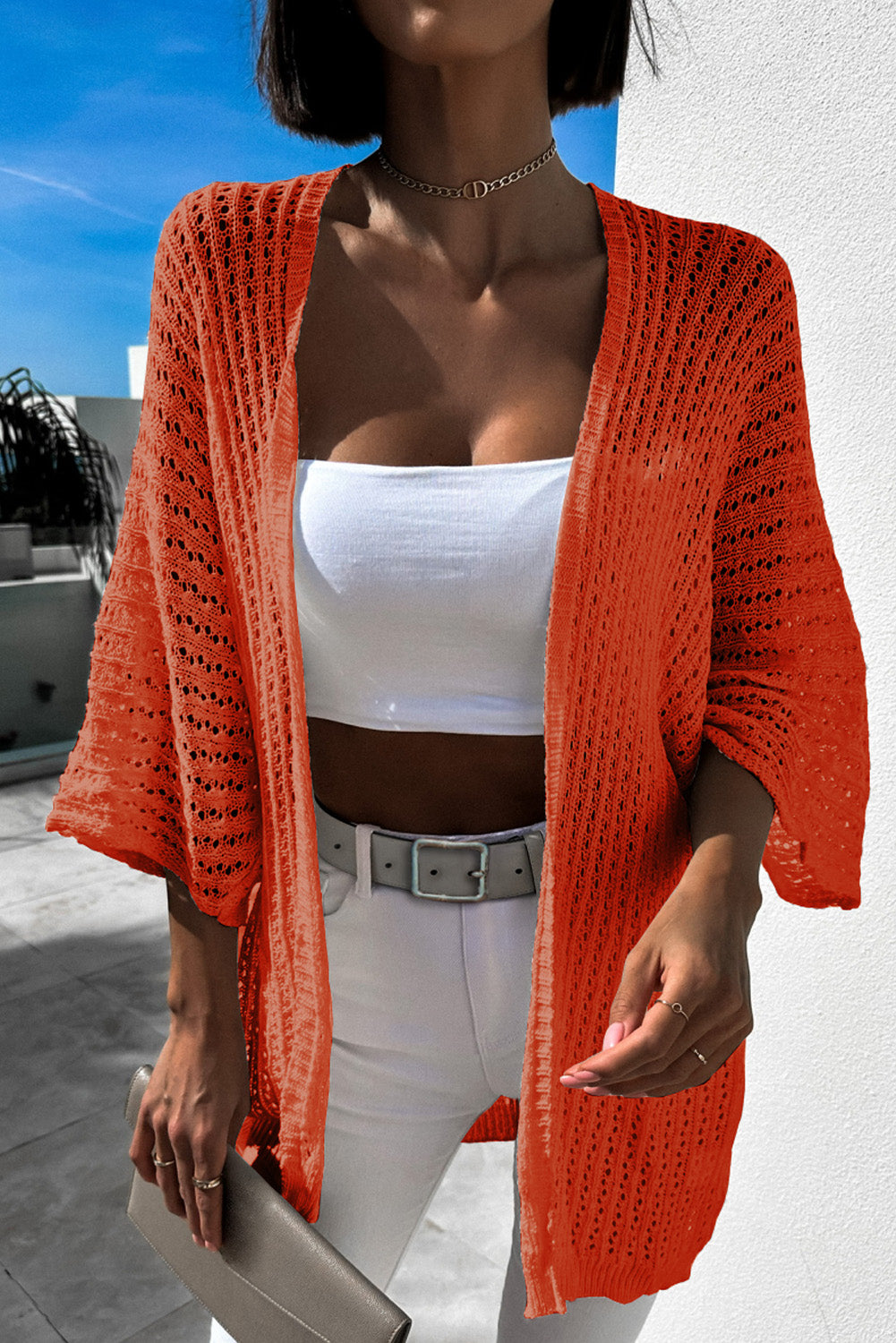 Rose Hollow-out Bracelet Sleeve Knit Cardigan