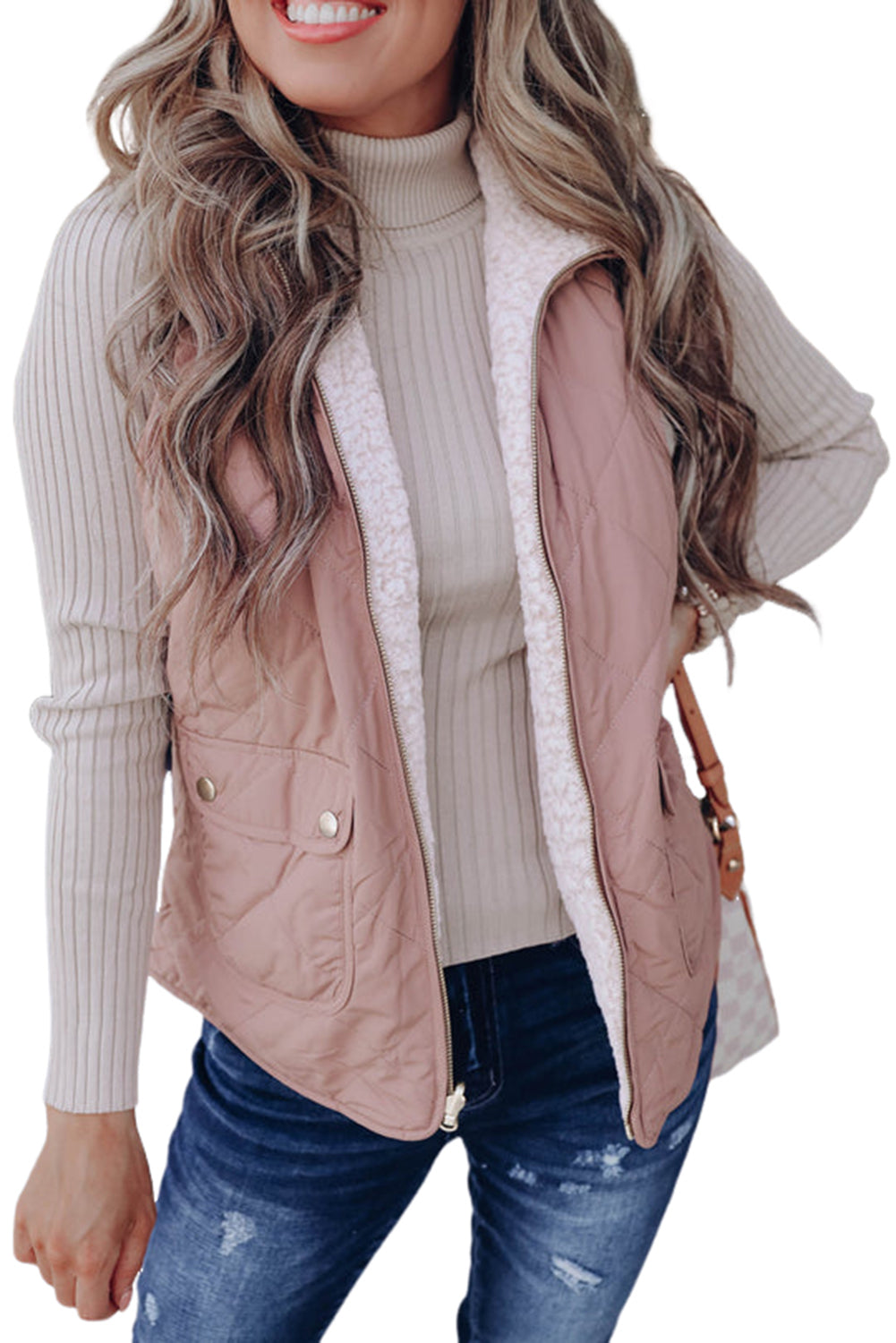 Pink Zip Up Fleece Lined Quilted Vest Coat