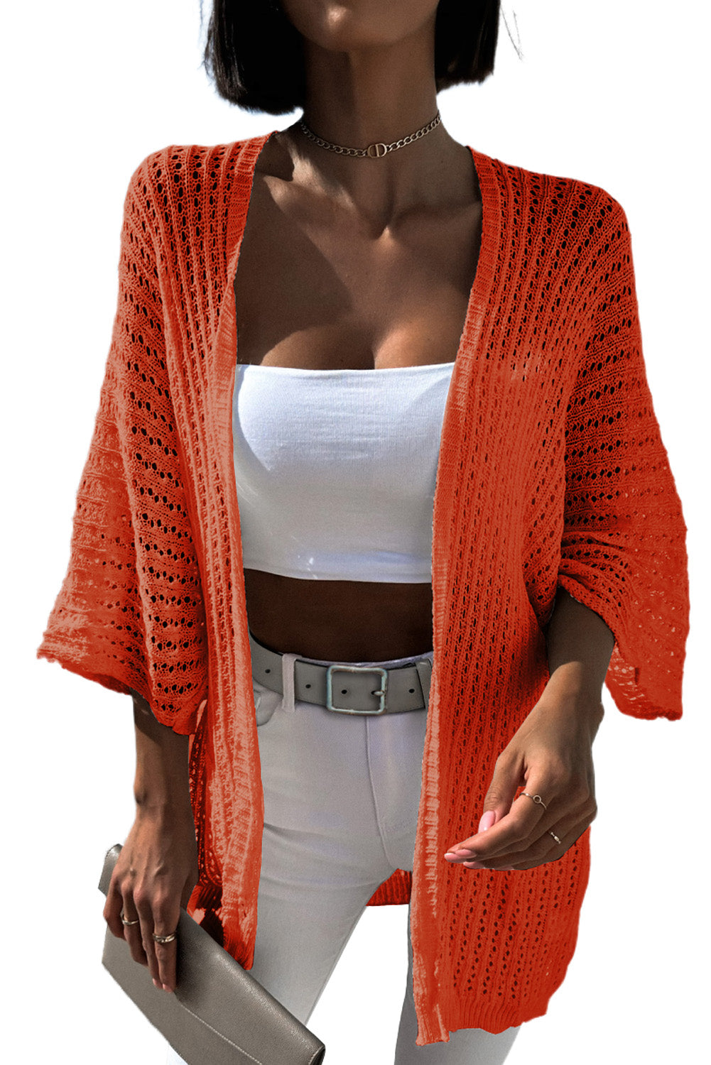 Rose Hollow-out Bracelet Sleeve Knit Cardigan