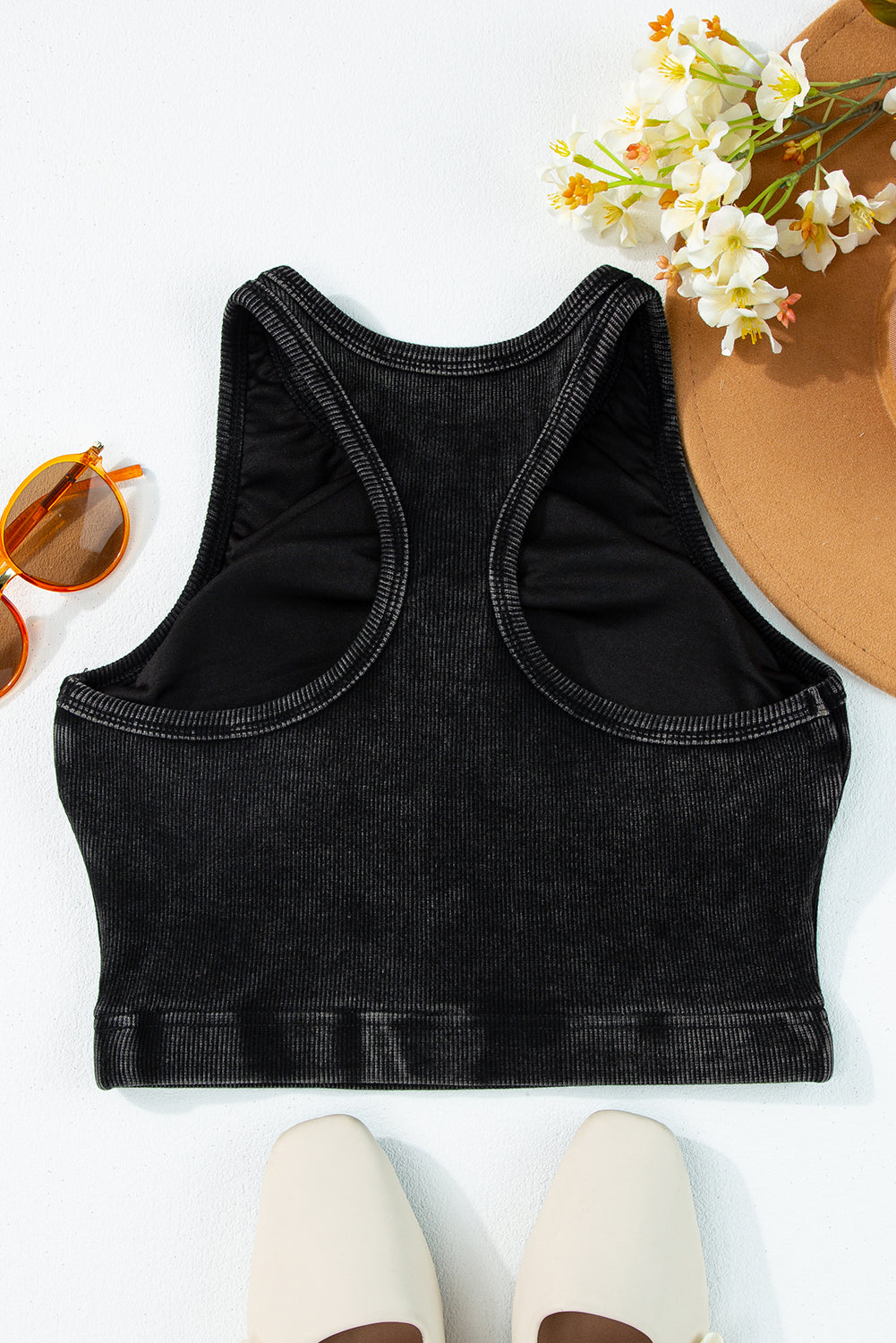 Smoke Gray Ribbed Mineral Wash Racerback Cropped Tank Top