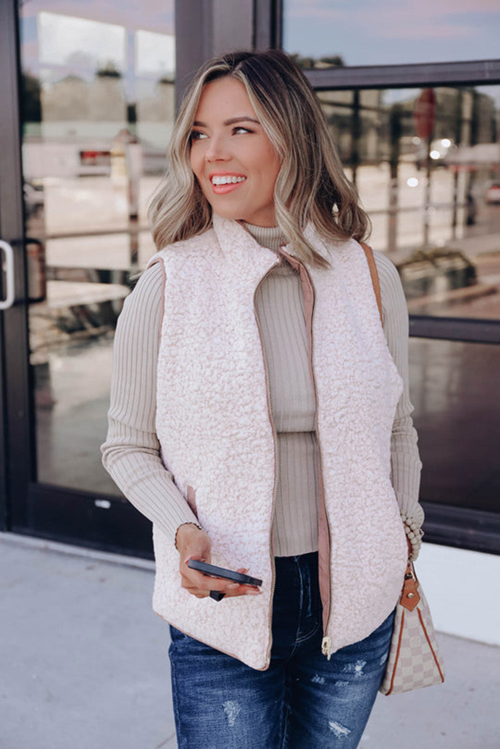Pink Zip Up Fleece Lined Quilted Vest Coat