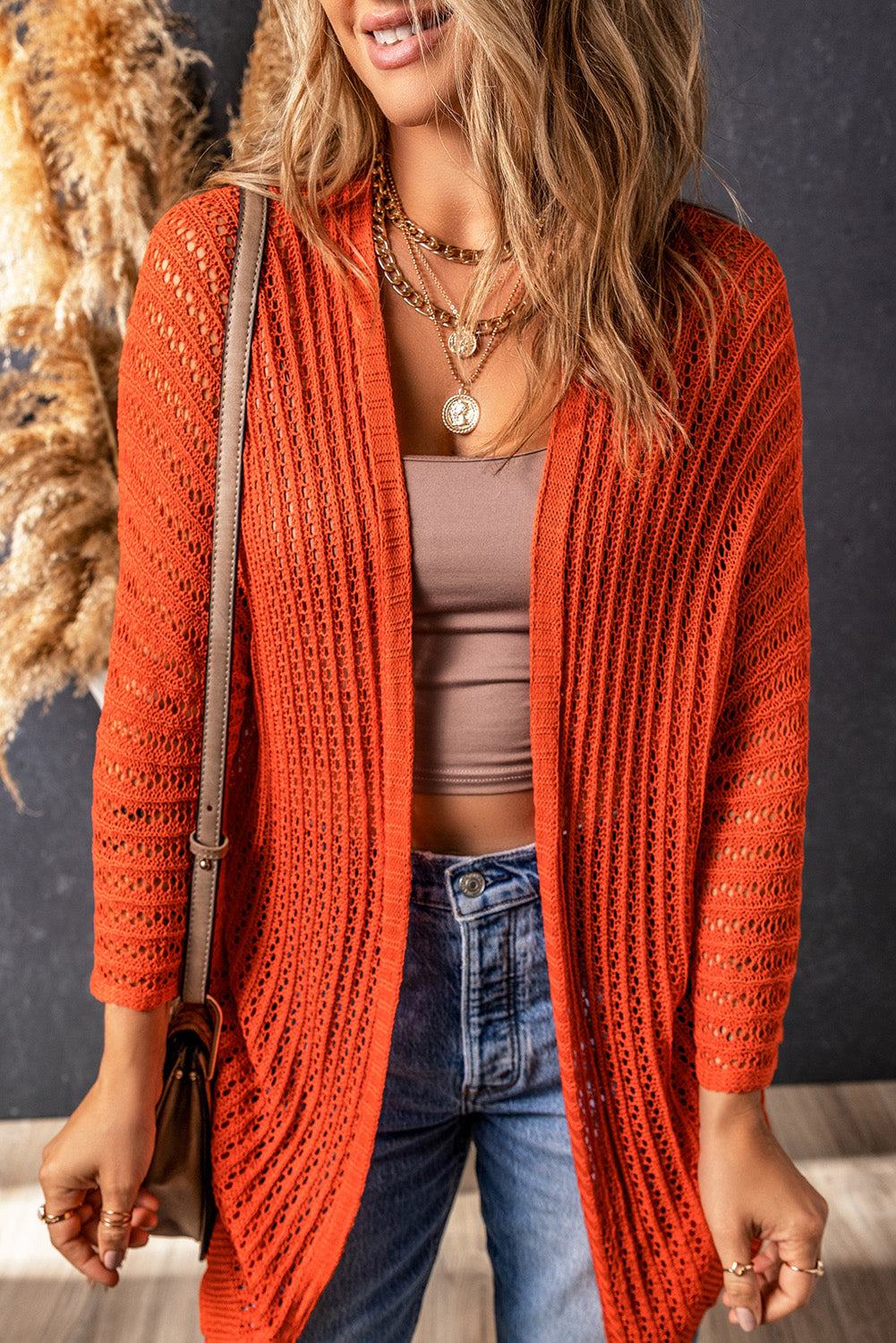 Rose Hollow-out Bracelet Sleeve Knit Cardigan