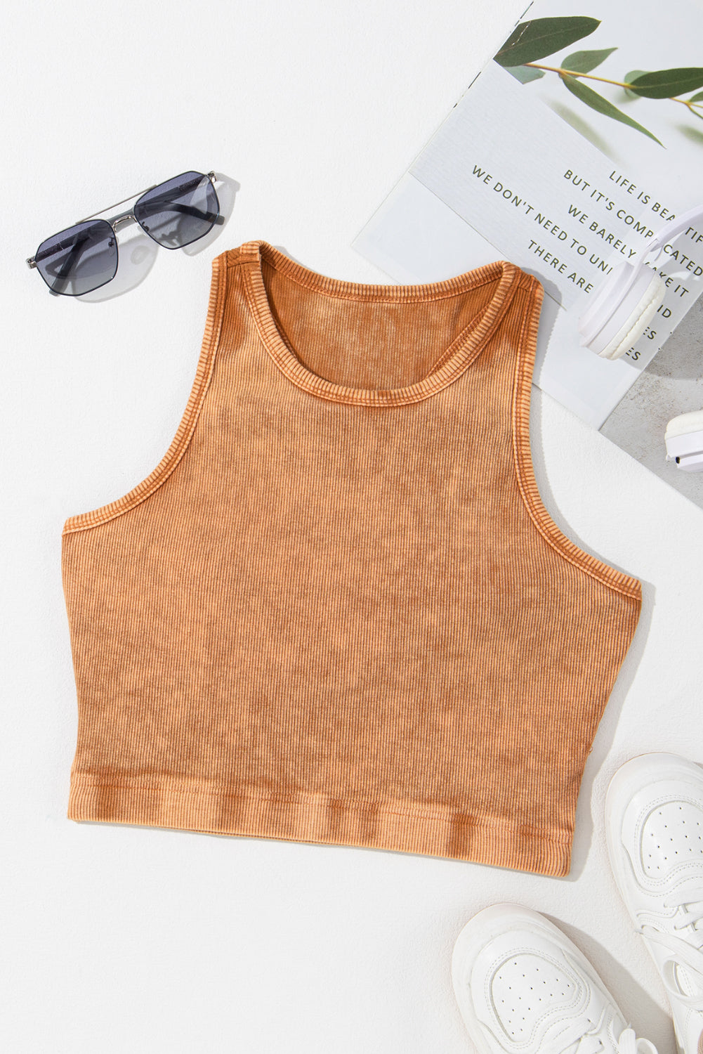 Smoke Gray Ribbed Mineral Wash Racerback Cropped Tank Top