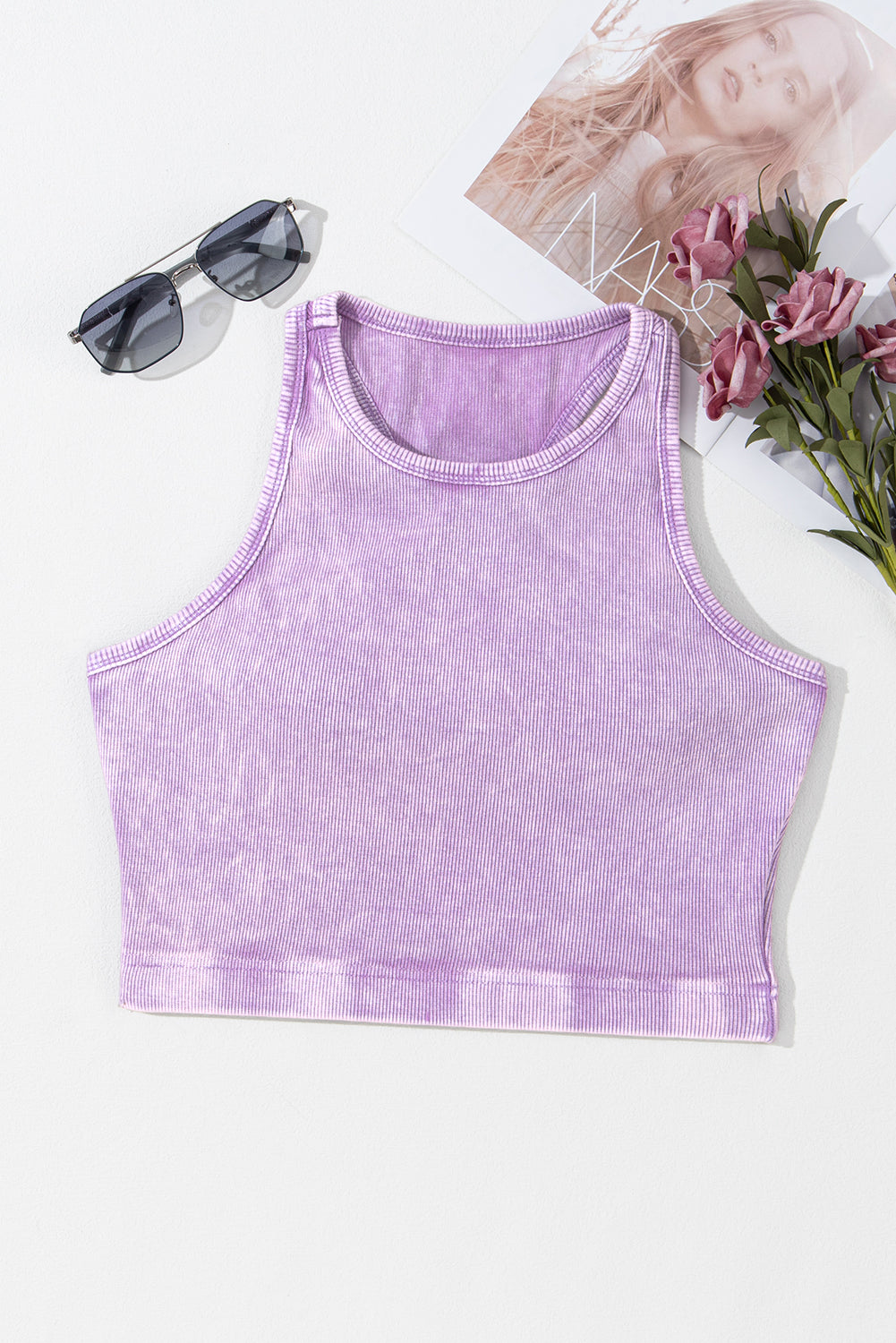 Smoke Gray Ribbed Mineral Wash Racerback Cropped Tank Top