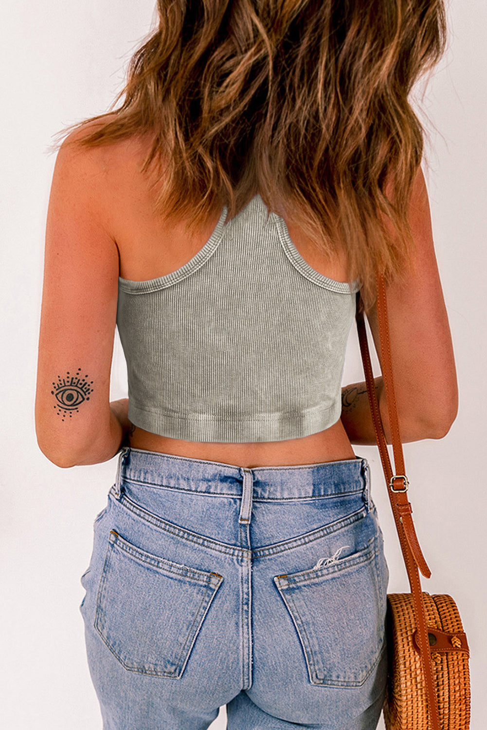 Smoke Gray Ribbed Mineral Wash Racerback Cropped Tank Top
