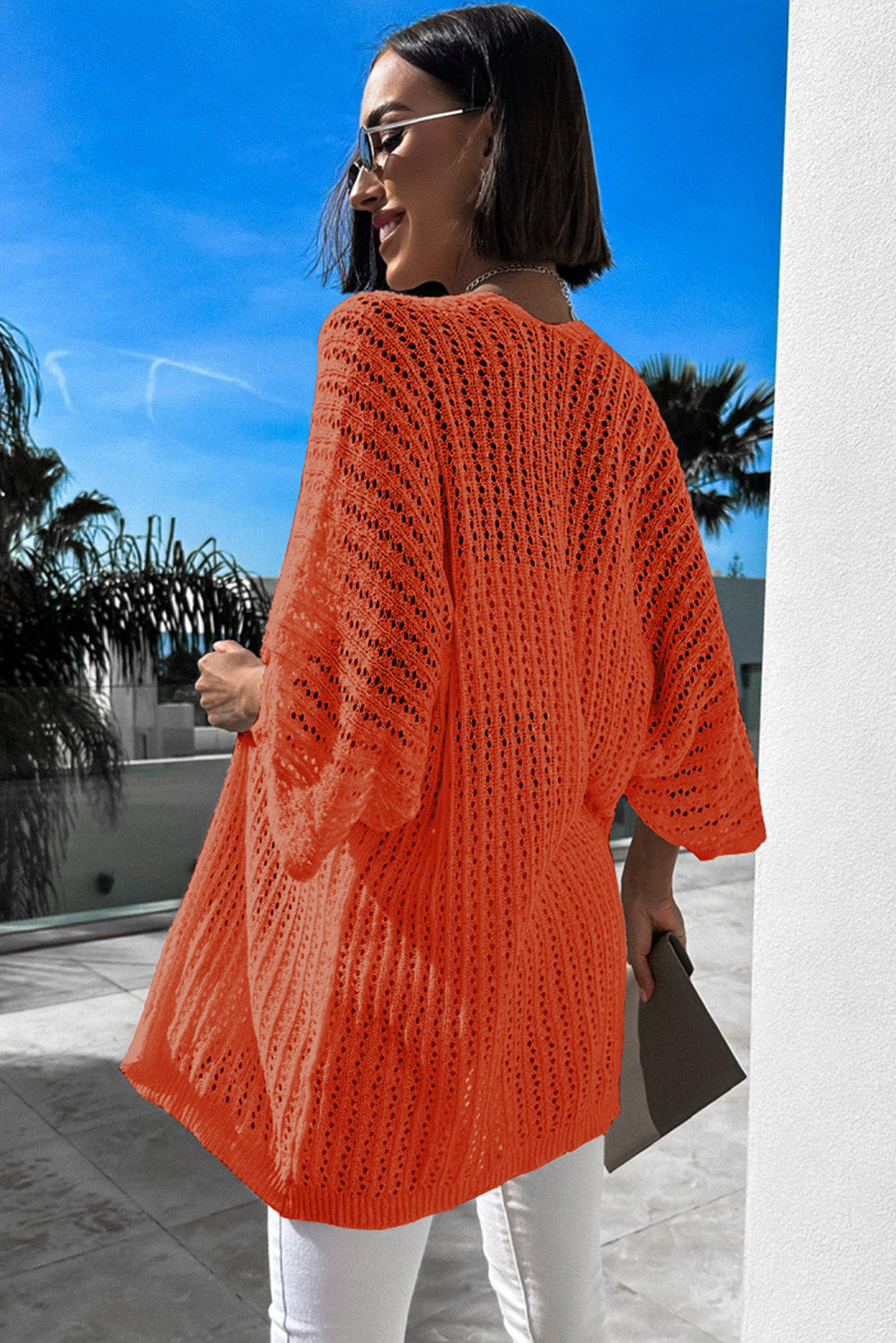 Rose Hollow-out Bracelet Sleeve Knit Cardigan