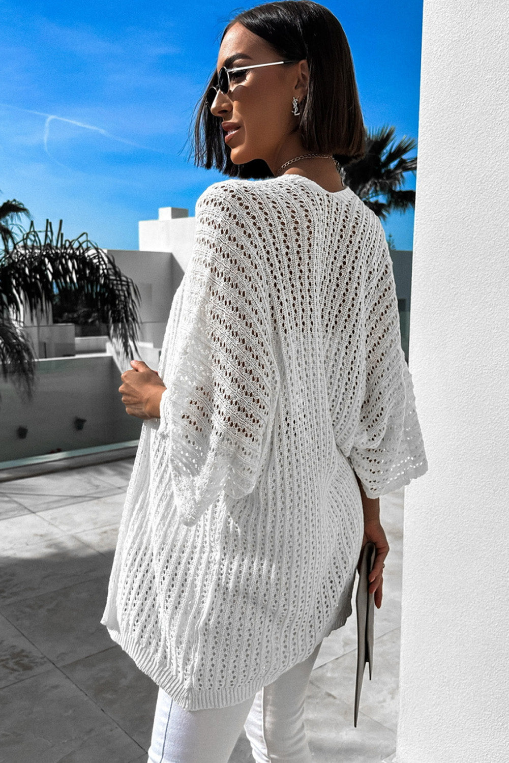 Rose Hollow-out Bracelet Sleeve Knit Cardigan