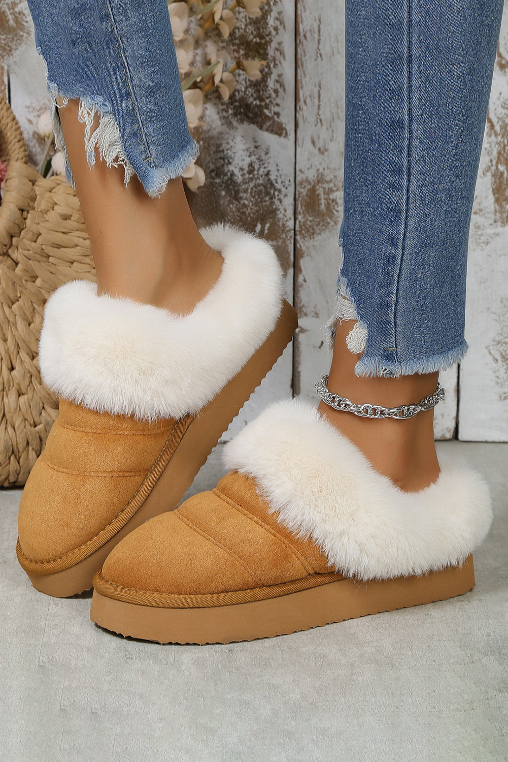 Black Plush Suede Patchwork Thick Sole Slippers