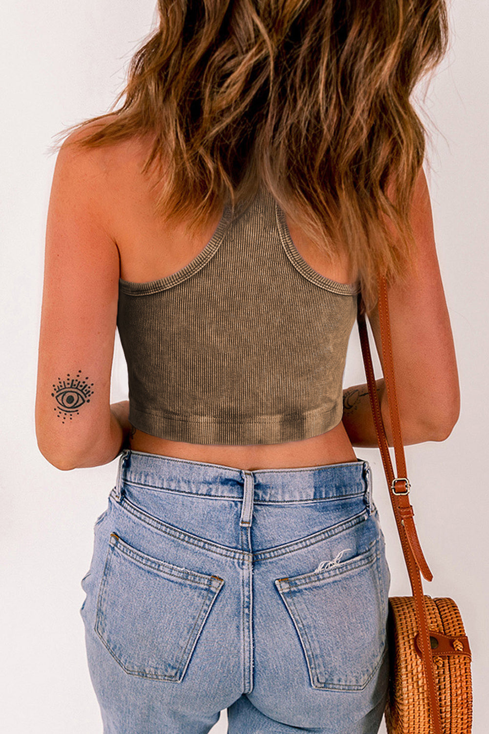 Smoke Gray Ribbed Mineral Wash Racerback Cropped Tank Top