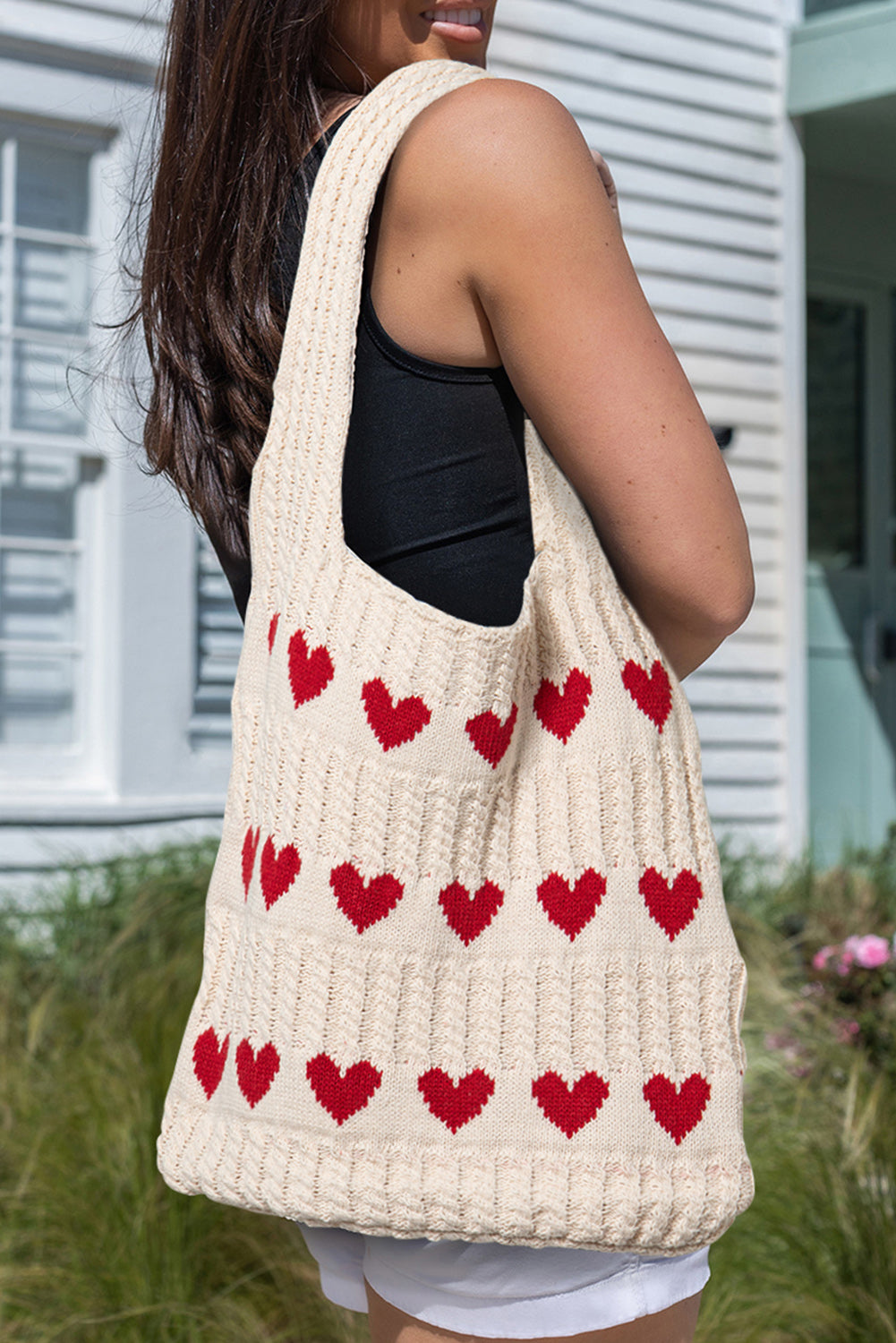 Apricot Colorblock Heart Pattern Knit Shoulder Bag
