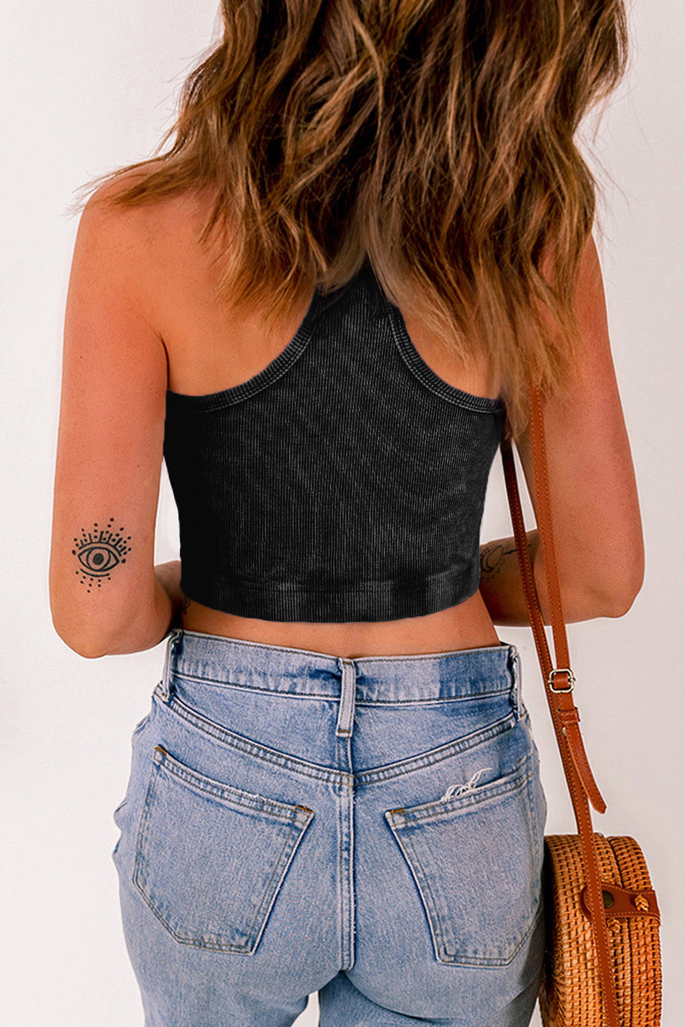 Smoke Gray Ribbed Mineral Wash Racerback Cropped Tank Top
