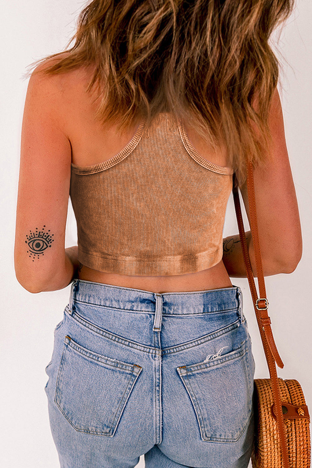 Smoke Gray Ribbed Mineral Wash Racerback Cropped Tank Top