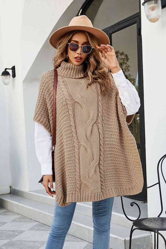Cable-Knit Turtleneck Slit Sweater